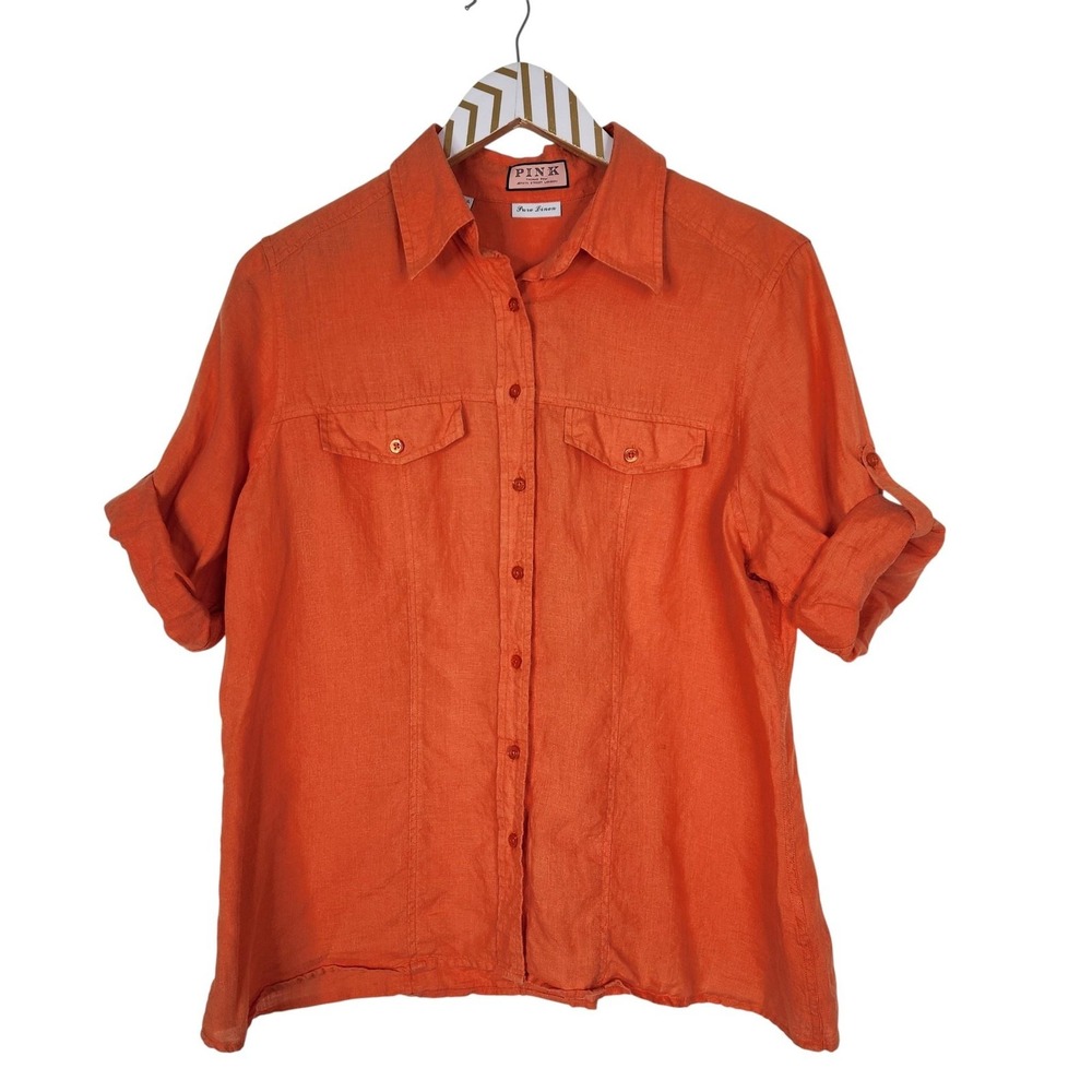 THOMAS PINK Shirt Womens US 12 Orange Pure Linen Button‎ Front Roll Tab Top